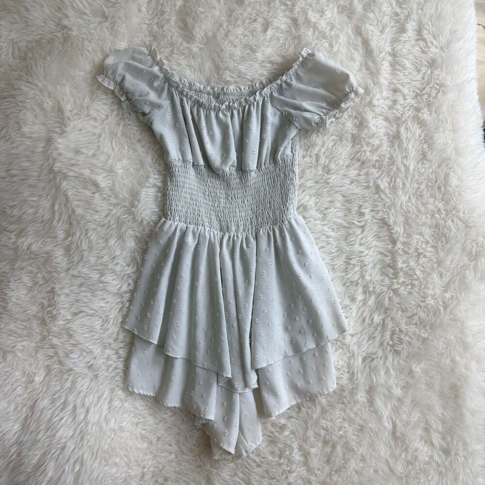 Swiss Dot Off-Shoulder Smocked Ruffle Romper Dress